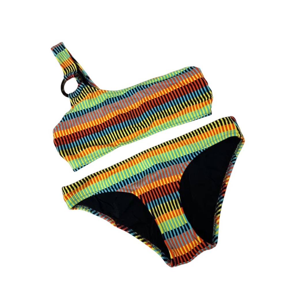 Solid &‎ Striped Bikini Women M/L Multi New One-Shoulder Ring Detail 2 Piece Set